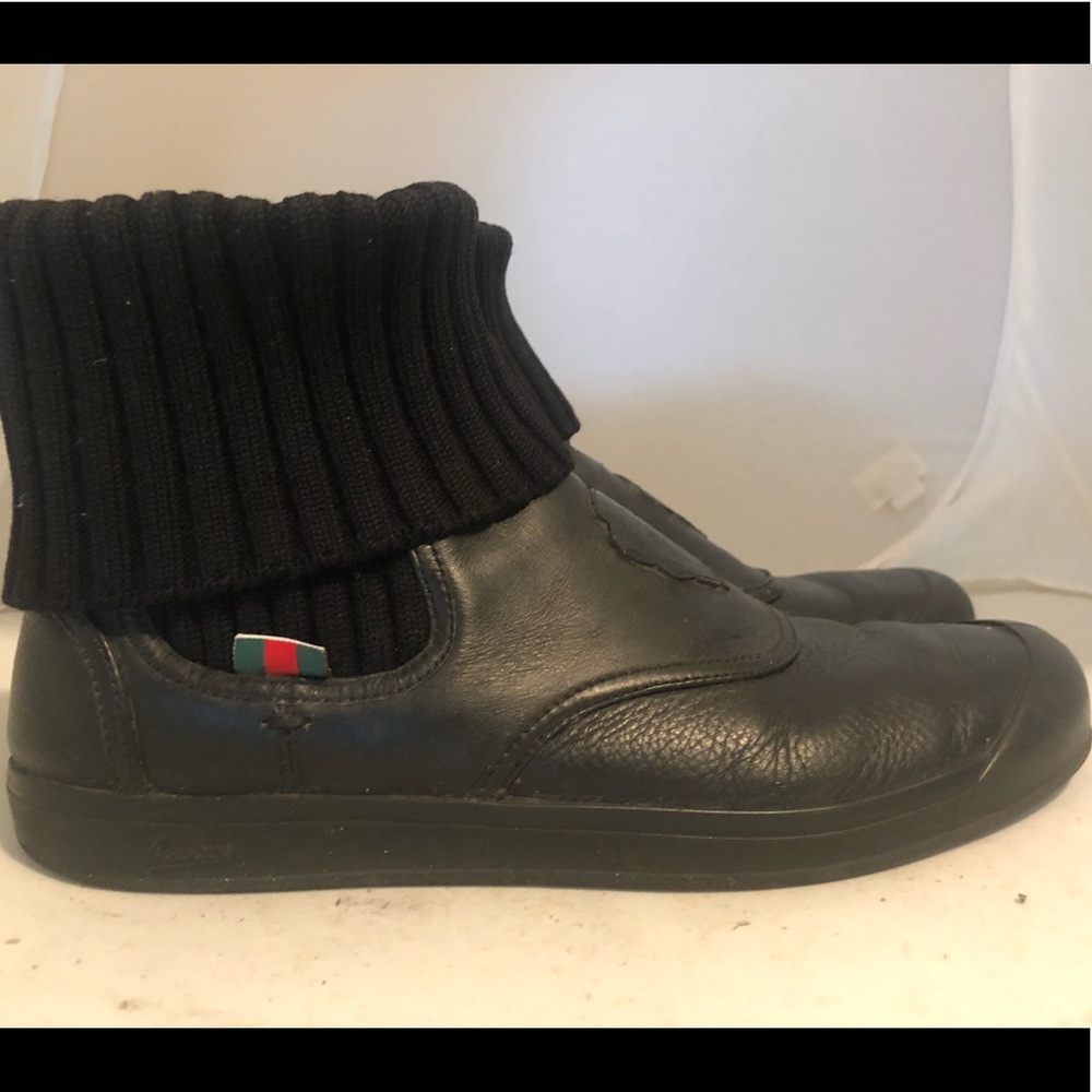 Gucci Black Leather Boots with Ribbed Cuff